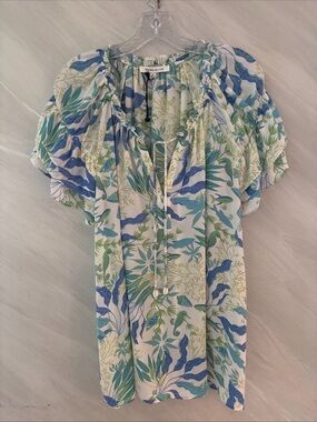Rose + Olive 2X Blue/ White Floral Tropical Flutter Sleeves Blouse Coastal